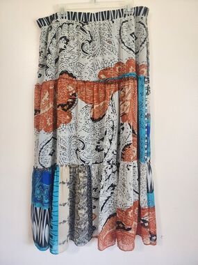 Bohemian Tiered Maxi Skirt in Rust, Teal & Cream